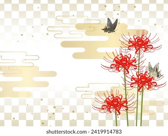 Background frame of red spider lily and swallowtail butterfly Luxury checkered pattern svg