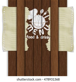 Background Frame restaurant menu template food and drink white paint on wooden boards with old sheet of paper crumpled and torn. Isolated object on white, can be used with any image and text.