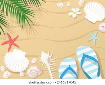 Background frame of sandy beach, seashells, palm leaves, and flip flops