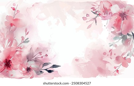 background frame with spring blossom, branches with mauve, pink apple tree flowers, buds, green leaves on white background. Digital draw, illustration in watercolor style, vintage, vector