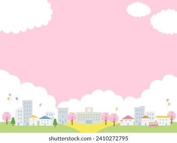 Background frame of spring cityscape with cherry blossoms blooming