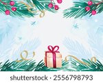 Background frame with spruce branches, berries, snowflakes, confetti and a gift in watercolour style in vector.