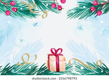 Background frame with spruce branches, berries, snowflakes, confetti and a gift in watercolour style in vector.