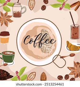 Background, frame, template about coffee, coffee aesthetics, accessories, symbols and devices. Hand drawn vector illustration, space for text as coffee cup top view.