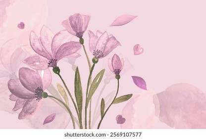 Background frame with violet flowers and leaves in watercolour style in vector.