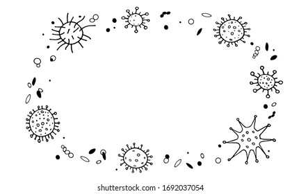 Background, frame with Virus. The Molecule viral bacteria infection. Coronavirus. Contour doodle outline vector. Elements set