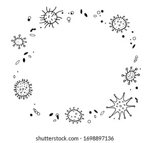 Background, frame with Virus. The Molecule viral bacteria infection. Coronavirus. Contour doodle outline vector. Elements set