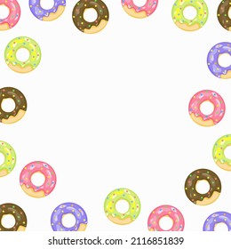 Background framed with donuts around the perimeter. Suitable for social media posts. Vector illustration.