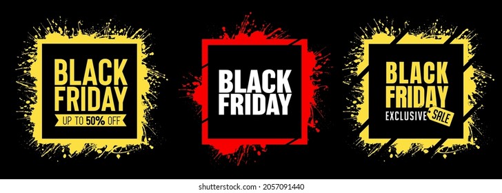 Background frames with paint stains for black friday promotion. Splash brush strokes. Red, white, yellow and black colors. Vector