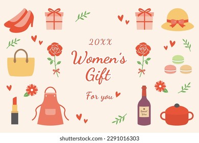 Background frames and thumbnails of gifts for women and girls. Women's bags, shoes, cosmetics, aprons and other gifts. Cute vector illustrations.