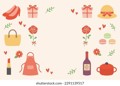 Background frames and thumbnails of gifts for women and girls. Women's bags, shoes, cosmetics, aprons and other gifts. Cute vector illustrations.