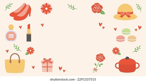 Background frames and thumbnails of gifts for women and girls. Women's bags, shoes, cosmetics, aprons and other gifts. Cute vector illustrations.