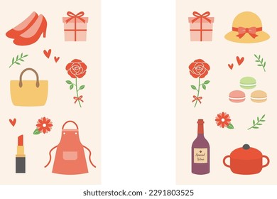 Background frames and thumbnails of gifts for women and girls. Women's bags, shoes, cosmetics, aprons and other gifts. Cute vector illustrations.