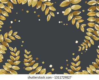 Background with framing of gold leaves. Composition of large exotic tropical leaves on black background.Vector illustration.