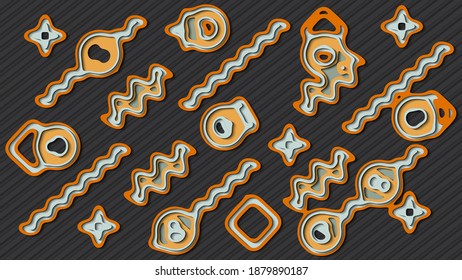 Background with freaky wavy geometric forms. Smooth shapes in different colors in papercut style on black background.