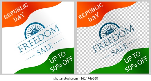 Background For Freedom Sale On Republic Or Independence Day Of India. Label, Icon, Poster, Banner, Unit, Card With Special Offer And Discount. Vector Illustration Of Tricolor, Flag For Social Network.