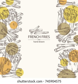 Background with french fries and potatoes. Fast food. Vector hand drawn illustration