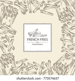 Background with french fries and potatoes. Fast food. Vector hand drawn illustration