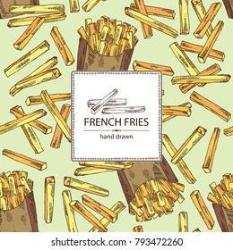 Background with french fries and potatoes. Fast food. Vector hand drawn illustration