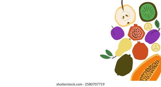 Background with fresg fruits, apple,  kiwi, pomegranate, pear, banana, avocado, plum. For poster, advertising, flat design