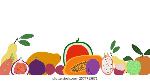 Background with fresg fruits, apple, lychee,  pear, avocado, plum. For poster, advertising, flat design