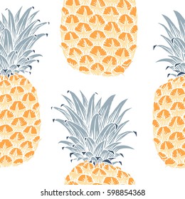 Background with fresh exotic fruits pineapple, hand drawn icons. Colorful wallpaper vector. Seamless pattern, decorative illustration.