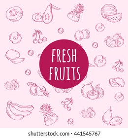 Background with  Fresh fruit icon set. pattern. strawberry, banana, cherry, avocado, apple , lemon , pineapple