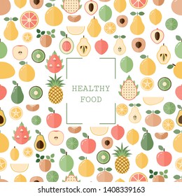Background with fresh fruits. Organic food icons vector illustration.