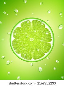 Background of fresh green lime slices and drops of water. Seamless pattern for your design. Realistic 3d vector illustration. Close-up.