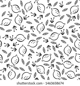 Background with fresh lemons and leaves. Seamless pattern with fresh fruits collection. Decorative illustration, background for paper