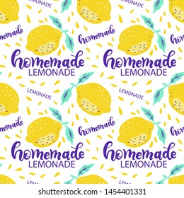 Background with fresh lemons and lettering Homemade Lemonade and splashes. Colorful seamless pattern with fresh fruits collection. Decorative illustration, good for printing