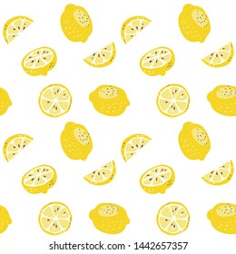 Background with fresh lemons and sliced lemon. Doodle wallpaper vector. Colorful seamless pattern with fresh fruits collection. Decorative illustration, good for printing