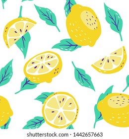 Background with fresh lemons and sliced lemon, leaves. Doodle wallpaper vector. Colorful seamless pattern with fresh fruits collection. Decorative illustration, good for printing