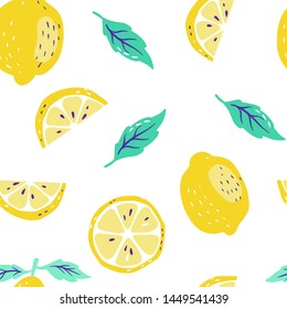 Background with fresh lemons and sliced lemon, leaves. Doodle wallpaper vector. Colorful seamless pattern with fresh fruits collection. Decorative illustration, good for printing