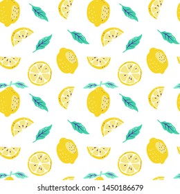 Background with fresh lemons and sliced lemon, leaves. Doodle wallpaper vector. Colorful seamless pattern with fresh fruits collection. Decorative illustration, good for printing