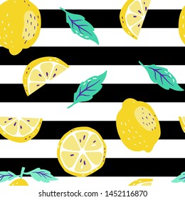Background with fresh lemons and sliced lemon, leaves. Background with black stripes. Colorful seamless pattern with fresh fruits collection. Decorative illustration, good for printing