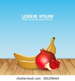 Background with fresh pomegranate and bananas. High quality vector. EPS10 vector