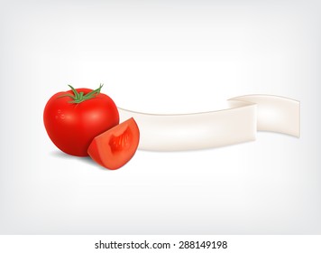 Background with fresh tomato. Tomato with ribbon. High quality vector. EPS10 vector