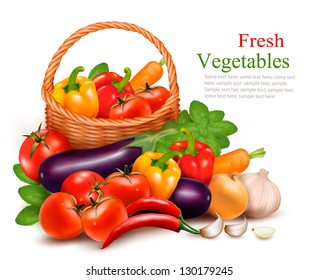 Background With Fresh Vegetables In Basket. Healthy Food. Vector Illustration