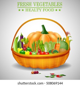 Background with fresh vegetables in basket. Healthy Food. Vector illustration