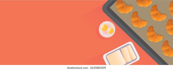 Background with freshly baked croissants and ingredients for them. Baking preparation view from the top with space for text. Home cooking.