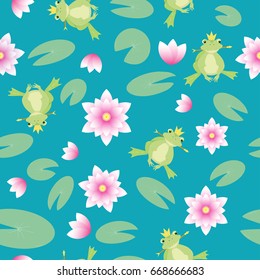 Background with frogs, lilies and leaves