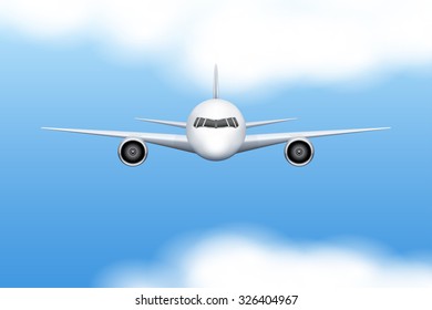 Background of Front view of Civil Aircraft airplane with sky and clouds. Vector Illustration