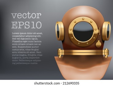 Background Front view of Underwater diving suit scuba helmet. Water leisure, old style. Editable Vector Illustration Isolated on white background