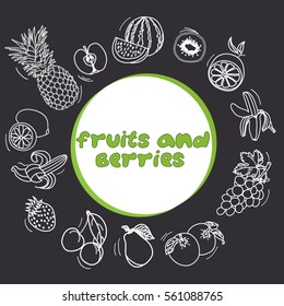 background of fruit: bananas, strawberries, pineapple, watermelon, apples, pears, oranges, lemons