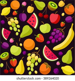 Background, fruit, berries, black, colored. Black, vector background with colored, flat fruit and berries, seamless. For the decoration. 