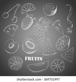 Background with fruit. Hand drawn sketches of orange, kiwi, lemon and others. Vector Illustration