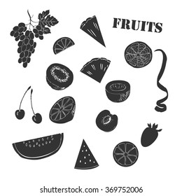 Background with fruit. Hand drawn sketches of orange, kiwi, lemon and others. Vector Illustration