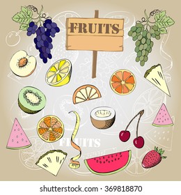 Background with fruit. Hand drawn sketches of orange, kiwi, lemon and others. Vector Illustration