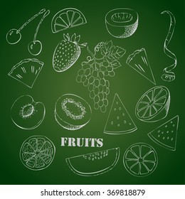 Background with fruit. Hand drawn sketches of orange, kiwi, lemon and others. Vector Illustration